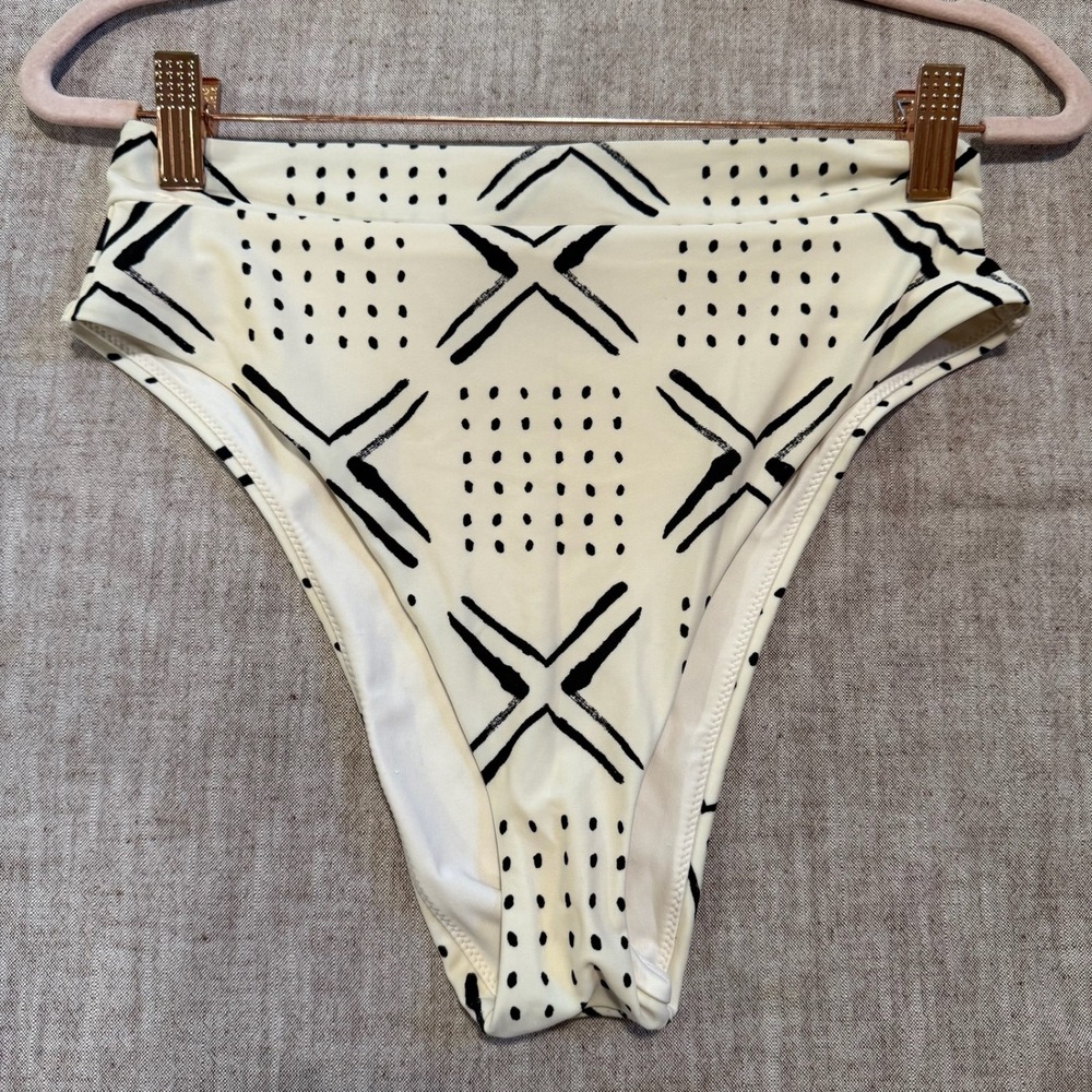 Aerie Swim Bottoms Medium Cream Black Geometric Mudcloth High Rise High Cut Leg